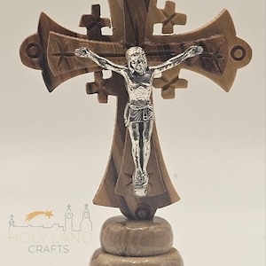 Olive Wood Jerusalem Cross_ Silver Oxide Crucifix on Stand 10cm*6cm