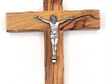 Handmade Olive Wood Cross with Jesus Crucifix & Jerusalem Soil (12cm)