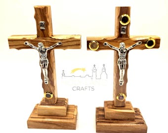 Handmade Olive Wood Standing Cross: Holy Land Elements, Certificate Included