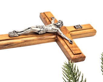 Olive Wood Crucifix with Metal Corpus – Handmade in Bethlehem, 20cm Wall Cross