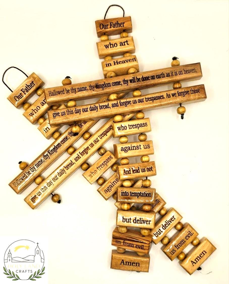 Olive Wood Lord's Prayer Cross: Handcrafted Holy Land Decor (23cm)