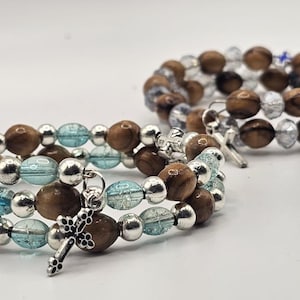 Olive Wood Bead Bracelet: Crystal Accents, Cross Icon, Holy Land