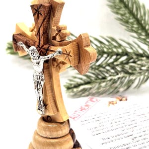 Olive Wood Jerusalem Cross_ Silver Oxide Crucifix on Stand 10cm*6cm
