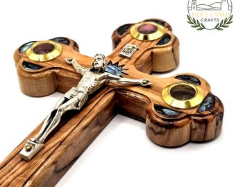 Olive Wood Wall Cross with Metal Crucifix: Mother of Pearl Inlay, Holy Land Gift