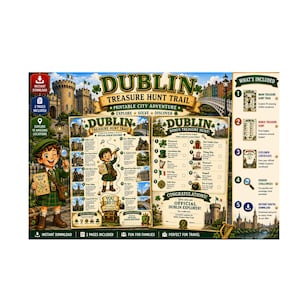 Op de afbeelding: Een printbaar Dublin speurtochtspel bestaande uit twee pagina's met geïllustreerde kaarten, checklists van bezienswaardigheden en een getekende ontdekkingsreiziger. Het ontwerp bevat groene en gouden tekst en iconen voor digitale downloads.