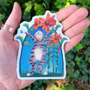 Pegatina: Oh Joy Vinilo impermeable, Gato atigrado, Gatito, Flores, Primavera, pegatinas, regalo para amantes de los gatos, felino, girasoles