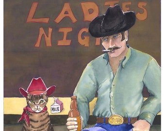 May include: A watercolor painting of a cat wearing a red cowboy hat and a red bandana sitting on a red stool next to a man wearing a blue shirt, blue jeans, a black cowboy hat, and a belt buckle that says "Stud". The man is holding a bottle of beer. The background is a brown wall with the words "Ladies Night" written in orange. The caption at the bottom of the painting reads "Looking for love in all the wrong places".