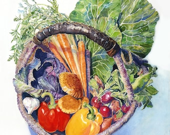 May include: A woven basket filled with fresh produce, including red and yellow bell peppers, carrots, mushrooms, red radishes, and a head of red cabbage. The basket is surrounded by green leafy vegetables.