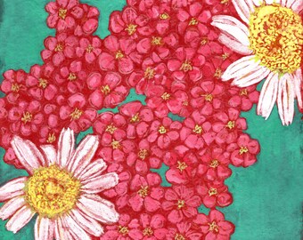 May include: A floral painting featuring clusters of small, vibrant red flowers and two large daisies with white petals and yellow centers. The background is a textured teal green, creating a striking contrast with the flowers.
