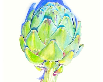 May include: Watercolor painting of a green artichoke with a light green stem and a blue shadow. The artichoke's leaves are a mix of light and dark green, with hints of yellow and purple. The background is white.