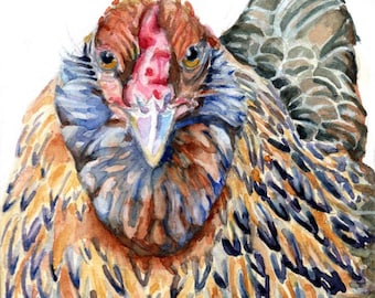 Skeeter II, Americauna Hen 4"x4"x5/8”archival print, Chicken Gifts, Chicken Art, Chickens, Farm animals, Auricauna, Blue Egg