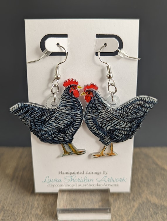 Chicken Earrings - Plymouth Barred Rock Hen, Flock, Backyard Chickens, Shrinky Dink Art, Chicken Art, city chickens