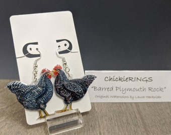 Chicken Earrings - Plymouth Barred Rock Hen, Flock, Backyard Chickens, Shrinky Dink Art, Chicken Art, city chickens