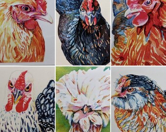 May include: A collection of six watercolor paintings featuring different breeds of chickens. The chickens are depicted in various poses, with some looking directly at the viewer while others are looking away. The paintings are done in a realistic style, with attention to detail in the feathers and other features of the chickens.