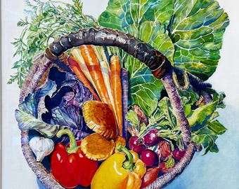 May include: A woven basket filled with a variety of fresh vegetables, including red and yellow bell peppers, carrots, red radishes, garlic, and leafy greens. The basket is sitting on a blue surface.