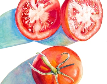 May include: Watercolor painting of fresh tomatoes. Two halves of a tomato reveal the juicy interior, while a whole tomato with green stem and leaves sits below. The tomatoes are red with blue and white shadows.
