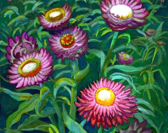 May include: An oil painting of vibrant pink and yellow flowers with green stems and leaves. The flowers have a layered petal design and are set against a dark green background.