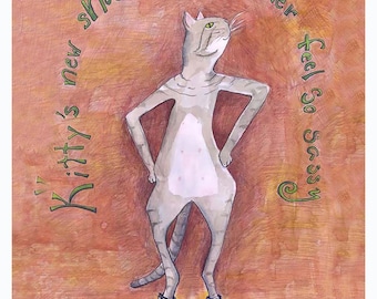 May include: An illustration of a cat wearing black boots, with the text "Kitty's new shoes make her feel so sassy." A box labeled "Dr. Martens" is on the floor. The background is a reddish-brown color.