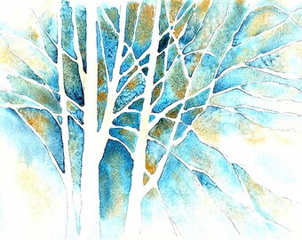 May include: Abstract watercolor painting of three trees with white branches against a blue and gold background.