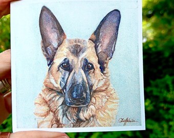 May include: A square, detailed watercolor painting of a German Shepherd dog's face. The dog has brown and black fur, with large, upright ears. The artwork is held against a backdrop of green foliage.