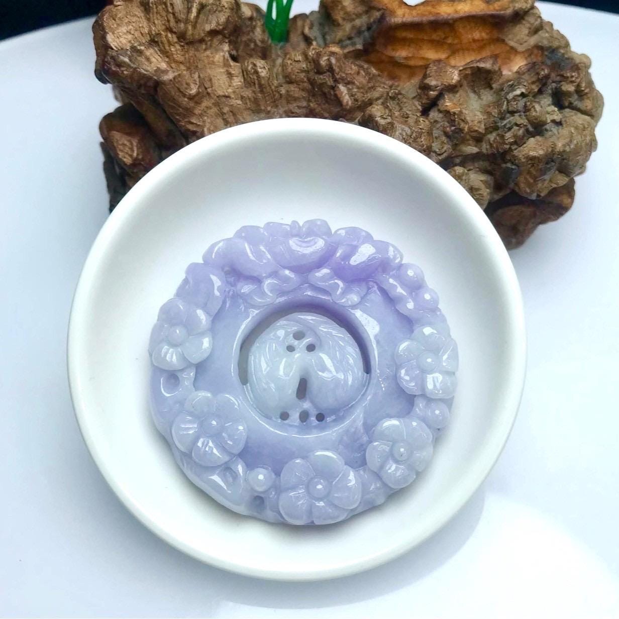 Rare Certified Burmese Lavender Jadeite Pendant, Type A, Hand-Carved Birds and Flowers, 53.24g