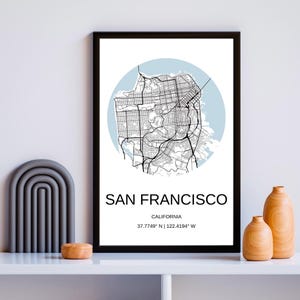 Impressão de mapa de São Francisco – Arte de parede minimalista com mapa da cidade, pôster de São Francisco em preto e branco, decoração de cidade da Califórnia, presente de viagem Golden Gate