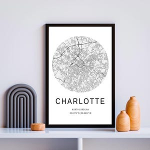 Art de la carte de la ville de Charlotte, art de la ville minimaliste, art de la ville minimaliste imprimable, carte routière des rues de la ville, décoration urbaine, Charlotte en Caroline du Nord