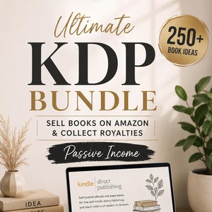 May include: A digital product bundle titled Ultimate KDP BUNDLE SELL BOOKS ON AMAZON & COLLECT ROYALTIES Passive Income. Includes a laptop displaying the Kindle Direct Publishing website, a stack of books labelled IDEA WRITE PUBLISH PROFIT, and a mug.