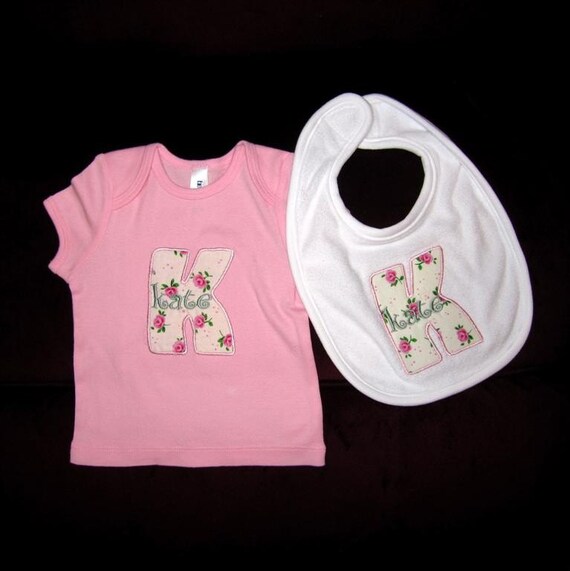 Items similar to Personalized Pink Baby Tee and Bib Set Rose Buds on Etsy