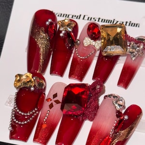 Luxury Ruby Red Press-On Nails – Glamorous Rhinestone & Pearl Embellished Set, shipped in the same day!