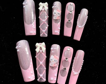 Ongles à presser roses et brillants Kitty - Noeuds 3D, perles et détails de strass
