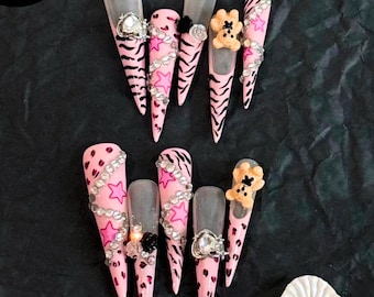 Pink Zebra & Star Embellished Press-On Nails – Bold Stiletto Nails with Rhinestones and 3D Charms