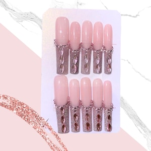Blush Pink & Glitter Press-On Nails – Elegant Rhinestone Embellished Long Nails with Crystal Accents