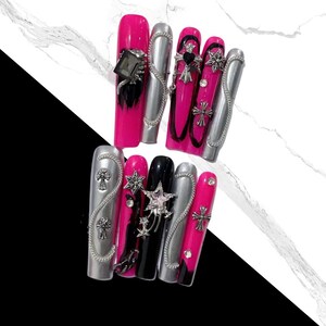 Fierce Pink & Silver Gothic Press-On Nails – Bold Black Accents with Cross and Star Charms