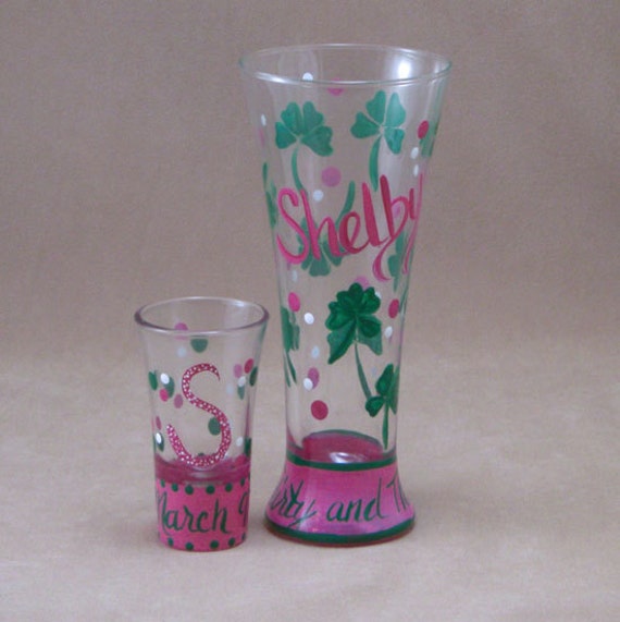 Personalized Hand Painted Shot and Beer Glasses with Shamrock Pattern