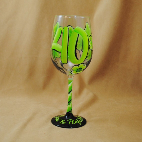 Personalized 40th Birthday Hand Painted Wine Glasses with Smiley Faces and Flowers
