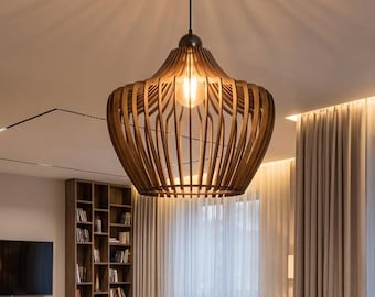 Modern Boho Wood Pendant Light, Adjustable ceiling Chandelier, Kitchen Island Light