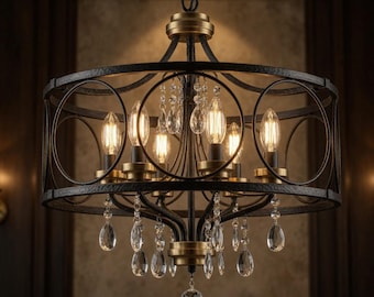 Modern Black Crystal Chandelier 6-Light | Adjustable Height Ceiling Pendant Light | Farmhouse Dining Room & Living Room Lighting Fixture