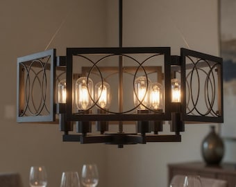 Black Farmhouse Chandelier 6 Light, Modern Industrial Geometric Pendant Light, Adjustable Hanging Ceiling Light for Kitchen Island