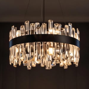 Black Crystal Chandelier for Dining Room, 2-Tier K9 Crystal Raindrop Ceiling Light 12-Light Dimmable Modern Farmhouse Decor