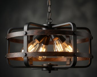Farmhouse Chandelier, Rustic Wood Metal Pendant Light, Industrial Cage Ceiling Fixture, Dining Room Hanging Light, Kitchen Island Lamp