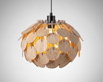 Handcrafted walnut wood pendant light, inspired by mid-century modern design, sculptural pinecone chandelier with warm ambient lighting.