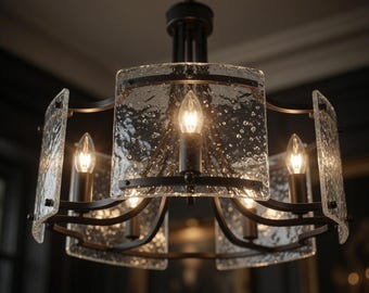 Modern Black Glass Chandelier, 5-Light Drum Pendant Light with Textured Water Glass, Adjustable Farmhouse Ceiling Fixture for Kitchen Island