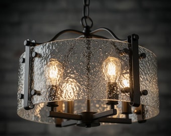 Black Glass Drum Chandelier | 4-Light Farmhouse Pendant Light with Adjustable Chain for Dining Room & Kitchen Island