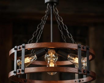 Rustic Wood Drum Chandelier, 4 Light Farmhouse Pendant, Industrial Hanging Light Fixture, Vintage Black Metal Kitchen Island Ceiling Light