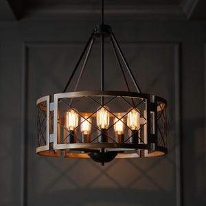 Lámpara de araña de estilo rústico, iluminación de madera rústica, lámpara de techo tipo tambor, isla de cocina