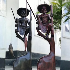 Hand-Carved Wooden Fisherman Statue – Rustic Fishing Decor | Artisan Tribal Sculpture | Nautical Gift for Men | Fishing Art Figurine