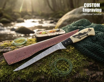 Fishing Fillet Custom Handmade Damascus Knife With Fish Engraving On Handle Personalized Knife Hunting Knife Gift For Groomsmen Gift For Dad