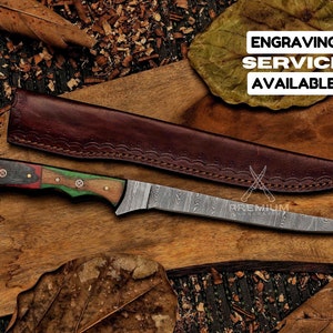 13&quot; Fish Hunting Fillet Knife Custom Handmade Damascus Steel Engraved Knife Gift For Husband Gift For Mother Christmas Gift Groomsmen Gift