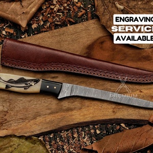 Fishing Fillet Custom Handmade Damascus Knife With Fish Engraving On Handle Personalized Knife Hunting Knife Gift For Groomsmen Gift For Dad